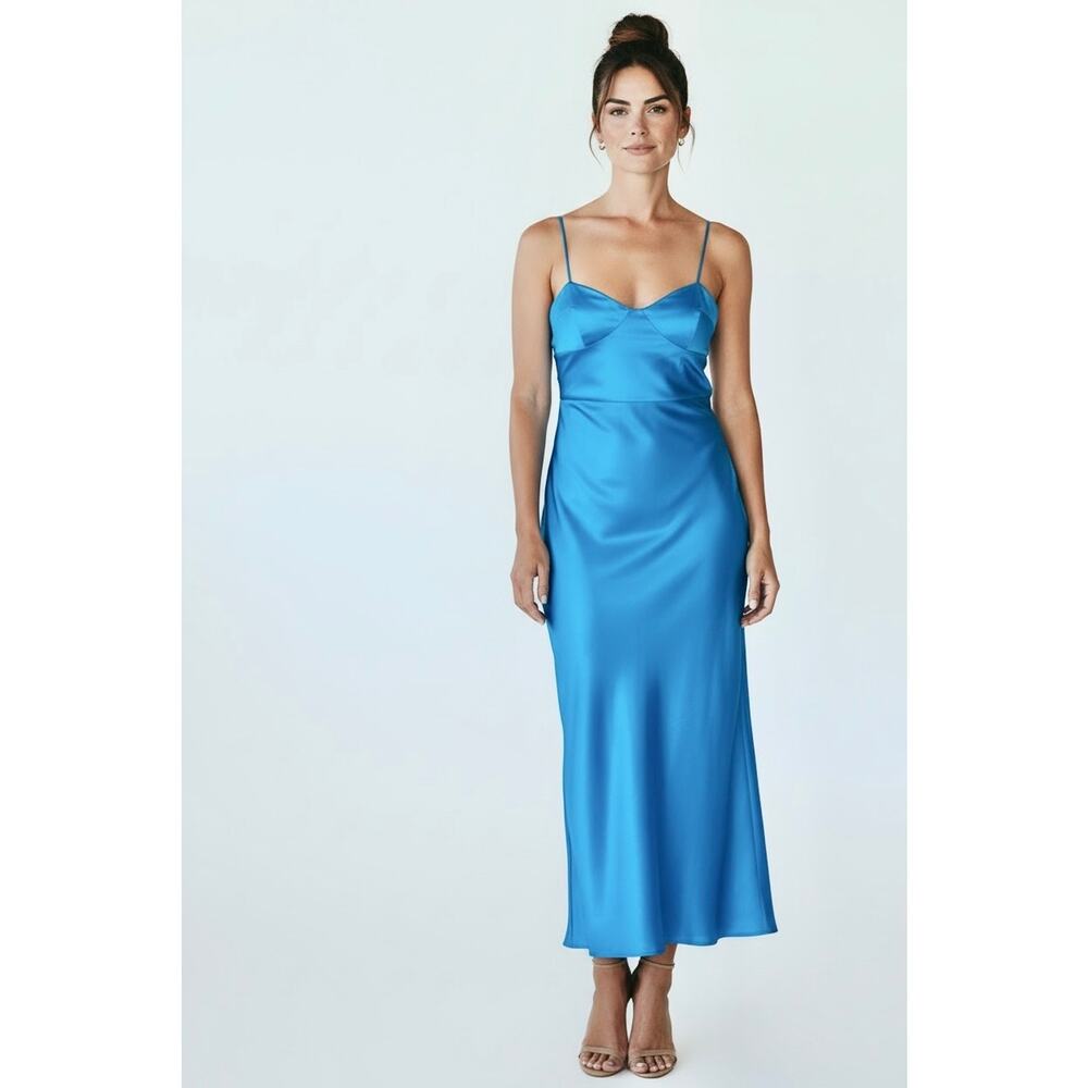 Amanda Uprichard Silk Square Neck Smocked Midi Dress Aqua Blue Size M NWT - Picture 4 of 9